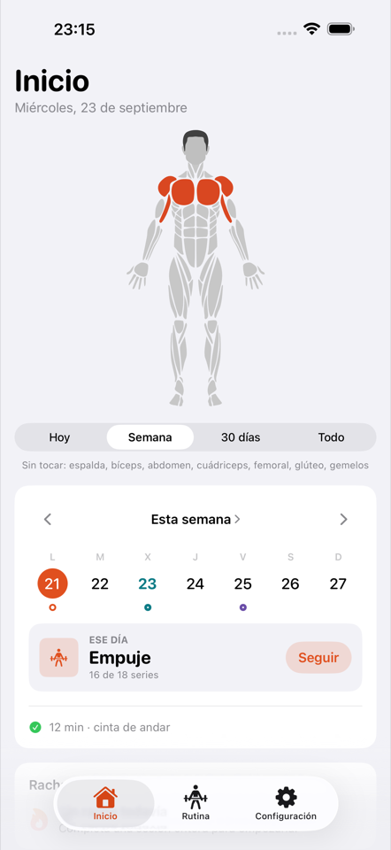 Pantalla de inicio: el mapa muscular con el pecho y los hombros encendidos, la lista de músculos sin tocar, la semana con el día señalado y la sesión del día con su botón.
